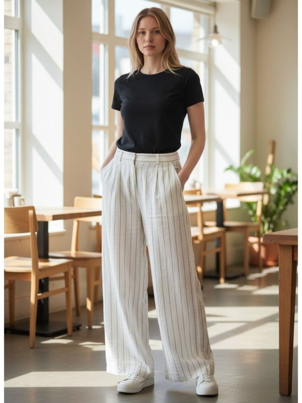 Loft Womens High-Rise Striped Wide-Leg Trousers 10 White Gray Linen Casual Offic